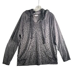 Blush by Us Angels Leopard Print Velour Hoodie Gray Medium 8 10 V Neck Pockets